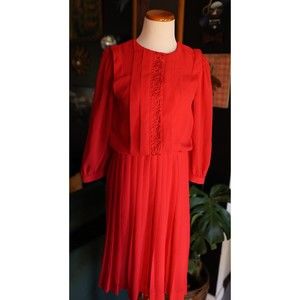 Vintage 80s Leslie Fey Midi Dress sheer Sleeve Pleated Drop Waist Red Size 8